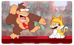 Rule 34 | 1boy, annoyed, brown hair, cat mario, catsuit, construction, crowd, donkey kong, donkey kong (series), facial hair, full body, gloves, unworn gloves, highres, laughing, mario, mario (series), mayo (funnyhoohooman), mustache, nintendo, open mouth, pointing, power-up, tail, the super mario bros. movie
