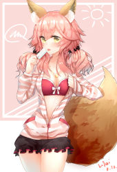 Rule 34 | 10s, 1girl, animal ears, blush, bra, breasts, cleavage, collarbone, dated, fate/extra, fate/extra ccc, fate/grand order, fate (series), food, fox ears, fox tail, highres, ice, jewelry, large breasts, ltai, necklace, official alternate costume, open clothes, open shirt, pink bra, pink hair, shirt, signature, solo, sweat, tail, tamamo no mae (fate/extra), tamamo no mae (spring casual) (fate), tongue, tongue out, underwear, yellow eyes