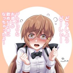 Rule 34 | 1girl, black bow, bow, brown eyes, brown hair, commentary request, hair bow, hair ornament, hairclip, kantai collection, long hair, long sleeves, low twintails, shirt, solo, tashkent (kancolle), tk8d32, translation request, twintails, white shirt