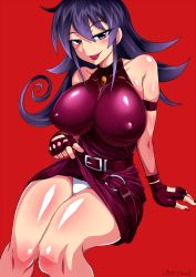 Rule 34 | 1girl, arm support, artist name, bare shoulders, belt, blue hair, blush, breasts, choker, clothes lift, covered erect nipples, curly hair, dated, dress, dress lift, duel masters, fingerless gloves, gloves, hair between eyes, half-closed eyes, halterneck, highres, impossible clothes, impossible dress, invisible chair, knees, large breasts, lifted by self, long hair, looking at viewer, nail polish, naughty face, panties, purple dress, purple eyes, purple gloves, purple hair, purple nails, red background, seductive smile, shiny clothes, shiny skin, simple background, sitting, smile, solo, tasogare mimi, taut clothes, taut dress, tongue, tongue out, underwear, white panties, zasshu nigou
