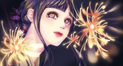 Rule 34 | 1girl, black background, black hair, blunt bangs, bug, butterfly, butterfly hair ornament, fireworks, glowing, hair ornament, highres, insect, long hair, looking at viewer, original, portrait, purple butterfly, senkou hanabi, snails0106, solo, sparkler