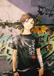 Rule 34 | 10s, 1boy, bandages, bandaid, beatless, bracelet, brown hair, copyright name, endou arato, english text, graffiti, head tilt, highres, jewelry, looking at viewer, male focus, official art, pink eyes, redjuice, shirt, short hair, solo, t-shirt