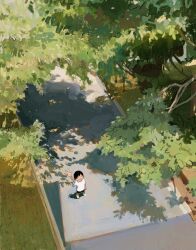Rule 34 | 1girl, black hair, black shorts, closed eyes, commentary, day, from above, grass, highres, kgeroua, looking at viewer, open mouth, original, outdoors, shadow, shirt, short hair, short sleeves, shorts, smile, solo, symbol-only commentary, tree, waving, white footwear, white shirt