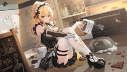 Rule 34 | 1girl, :t, accident, artist request, ass, audrey (calabiyau), bare shoulders, black dress, black footwear, blonde hair, blue eyes, bowl, breasts, calabiyau, candy, chocolate, chocolate bar, closed mouth, detached sleeves, dress, food, frilled dress, frills, frown, highres, large breasts, long hair, long sleeves, looking at viewer, maid, maid headdress, mary janes, mixer (cooking), official alternate costume, official art, ponytail, pout, second-party source, shoes, sitting, sleeveless, sleeveless dress, solo, thigh strap, thighhighs, three quarter view, v-shaped eyebrows, white thighhighs, winding key