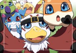 Rule 34 | :d, :o, animal, animal focus, armadimon, belt, bird, blue eyes, clenched teeth, closed mouth, commentary request, digimon, digimon (creature), digimon adventure 02, feathers, hawkmon, holding, lao wen, looking at viewer, no humans, open mouth, patamon, red eyes, smile, tailmon, taking picture, teeth, v, v-mon, wormmon