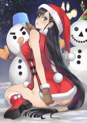 Rule 34 | 1girl, ass, bare shoulders, black hair, blade arcus from shining, blue eyes, blush, boots, breasts, christmas, fur-trimmed boots, fur trim, gloves, hair ornament, hairclip, hat, highres, kneeling, long hair, looking at viewer, looking back, low-tied long hair, open mouth, pairon, panties, pantyshot, rabbit tail, red footwear, revealing clothes, santa boots, santa costume, santa hat, shining (series), snowman, solo, tail, tony taka, underwear, very long hair