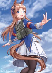Rule 34 | 1girl, absurdres, animal ears, artist name, black pantyhose, blue dress, blue eyes, brown hair, chest rig, cloud, cloudy sky, commission, dress, fbi, grass wonder (umamusume), highres, horse ears, horse girl, horse tail, kzm (sub-moa works), long hair, outstretched arms, pantyhose, skeb commission, sky, smile, solo, swat, tail, two-tone dress, umamusume, white dress