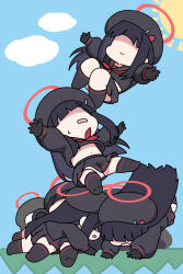Rule 34 | 6+girls, beret, black gloves, black hair, black headwear, black panties, black sailor collar, black serafuku, black shirt, black skirt, black thighhighs, blue archive, blue sky, chibi, closed mouth, cloud, commentary request, day, faceless, faceless female, gloves, hair over eyes, halo, hat, highres, justice task force member (blue archive), long sleeves, lying, multiple girls, navel, neckerchief, no shoes, nyaru (nyaru 4126), on stomach, open mouth, outdoors, panties, pile, pleated skirt, puffy long sleeves, puffy sleeves, red neckerchief, sailor collar, school uniform, serafuku, shaded face, shirt, skirt, sky, stomach, sun symbol, thighhighs, underwear