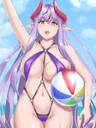 Rule 34 | 1girl, alternate costume, artist request, beach, breasts, highres, large breasts, lilim (awoken), lilim (taimanin asagi battle arena), long hair, looking at viewer, ocean, official alternate costume, shiny skin, slingshot swimsuit, solo, swimsuit, taimanin (series), taimanin asagi kessen arena, taimanin rpgx, very long hair, wide hips