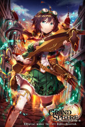 Rule 34 | 1girl, ahoge, ascot, black thighhighs, boots, bow (weapon), brown hair, cloud, crossbow, floating hair, frilled skirt, frills, gabiran, goggles, goggles on head, grand sphere, green eyes, hair between eyes, holding, holding weapon, long hair, looking at viewer, miniskirt, official art, outdoors, pleated skirt, ponytail, print skirt, red ascot, skirt, sky, solo, standing, star (sky), starry sky, thigh boots, thighhighs, weapon, zettai ryouiki