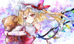 Rule 34 | 1girl, adapted costume, bare shoulders, blonde hair, breasts, closed mouth, crystal, dot nose, flandre scarlet, from side, hair between eyes, hat, hat ribbon, holding, holding stuffed toy, long hair, looking at viewer, mob cap, multicolored background, multicolored wings, nesumi, one side up, puffy short sleeves, puffy sleeves, red eyes, red ribbon, ribbon, short sleeves, small breasts, solo, stuffed animal, stuffed toy, teddy bear, touhou, upper body, white hat, wings