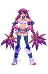 Rule 34 | 1girl, bad id, bad tumblr id, belt, belt skirt, black thighhighs, boots, braid, breasts, crop top, detached sleeves, disgaea, etna (disgaea), fusion, gloves, hair ribbon, hands on own hips, knee boots, long hair, looking at viewer, low-tied long hair, midriff, navel, pink gloves, pointy ears, purple eyes, purple hair, rebecca streisand, ribbon, robaato, shiny skin, signature, skindentation, slit pupils, small breasts, smile, tank top, thighhighs, twin braids, very long hair, wild arms, wild arms 5