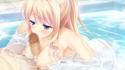 Rule 34 | 1boy, 1girl, ass, blonde hair, blue eyes, blush, breasts, breasts squeezed together, censored, collarbone, completely nude, fellatio, game cg, hair between eyes, hetero, hikami kuon, large breasts, licking, licking penis, long hair, mixed-sex bathing, mosaic censoring, naruse hirofumi, nipples, nude, official art, ojou-sama wa sunao ni narenai, oral, paizuri, partially submerged, penis, shared bathing