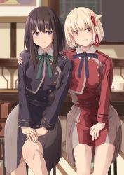 Rule 34 | 2girls, absurdres, belt, black hair, blonde hair, blue dress, blue ribbon, bob cut, closed mouth, collared shirt, commentary request, dated commentary, dress, green ribbon, grey dress, hair ribbon, hand on another&#039;s shoulder, highres, inoue takina, long hair, long sleeves, lycoris recoil, lycoris uniform, matebashi, multiple girls, neck ribbon, nishikigi chisato, pleated dress, purple eyes, red belt, red dress, red eyes, red ribbon, ribbon, shadow, shirt, short hair, smile, two-tone dress, white shirt