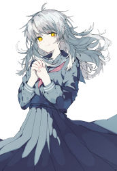 Rule 34 | 1girl, absurdres, black serafuku, commentary, deep (deep4946), english commentary, grey hair, highres, light smile, long hair, long skirt, long sleeves, looking at viewer, neckerchief, original, own hands clasped, own hands together, pleated skirt, red neckerchief, school uniform, serafuku, simple background, skirt, solo, white background, yellow eyes