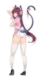 Rule 34 | 1girl, animal ears, ass, black footwear, blush, breasts, cat ears, cat tail, damda, dress, fate/grand order, fate (series), frills, full body, garter straps, hair intakes, large breasts, legs, long hair, looking at viewer, looking back, panties, paw pose, pink dress, pink ribbon, purple hair, red eyes, ribbon, scathach (fate), short dress, simple background, smile, solo, tail, thighhighs, underwear, white background, white panties, white thighhighs