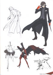 Rule 34 | 10s, 1boy, absurdres, amamiya ren, arsene (persona 5), black hair, boots, character sheet, coattails, ascot, cuff links, gloves, hat, high heels, highres, knife, mask, messy hair, official art, persona, persona 5, pocket square, popped collar, scan, soejima shigenori, stiletto heels, top hat, weapon, wings