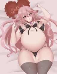 Rule 34 | 1girl, animal ears, big belly, black thighhighs, blush, bow, bow panties, bra, breasts, cameltoe, choker, cupless bra, curvy, ear piercing, earrings, fox ears, fox girl, genshin impact, groin, highres, huge breasts, jewelry, lactation, long hair, looking at viewer, lying, nippleless clothes, nipples, on back, panties, parted lips, piercing, pillow, pink eyes, pink hair, pregnant, purinpaw, shiny skin, sidelocks, skindentation, smile, solo, thick thighs, thighhighs, thighs, underwear, very long hair, wide hips, yae miko, yes-no pillow
