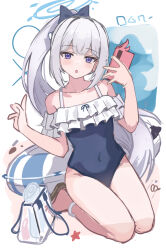Rule 34 | 1girl, bag, blue archive, cellphone, full body, grey hair, highres, miyako (blue archive), miyako (swimsuit) (blue archive), one-piece swimsuit, phone, plastic bag, purple eyes, ripnte, sand, sandals, smartphone, solo, swimsuit, thighs, twintails, twitter