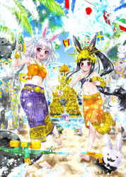 Rule 34 | 2girls, animal ears, anklet, bad id, bad pixiv id, barefoot, beach, black hair, blush, bracelet, day, feet, flags of all nations, gold, hair ornament, jewelry, long hair, multiple girls, original, palm tree, rabbit ears, sarong, skirt, string of flags, traditional clothes, tree, water gun, white hair, yuki usagi