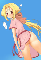 Rule 34 | 1girl, ?, ass, blue sky, blush, dress, facial mark, fiona (zoids), forehead mark, from behind, hair ribbon, highres, long hair, looking back, motokou, no panties, parted lips, pink eyes, ribbon, side slit, sky, solo, very long hair, zoids, zoids chaotic century