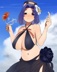 Rule 34 | 10s, 1girl, alternate costume, blue sky, blush, breasts, cocktail glass, collarbone, cowboy shot, criss-cross halter, cup, day, drinking glass, drinking straw, female focus, flower, glass, hair flower, hair ornament, halo, halterneck, hibiscus, hishigata, holding, huge breasts, kantai collection, large breasts, licking lips, looking at viewer, mechanical halo, nail polish, navel, outdoors, purple eyes, purple hair, purple nails, sarong, see-through, short hair, sky, smile, solo, swimsuit, tatsuta (kancolle), tongue, tongue out
