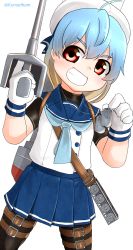 Rule 34 | 1girl, adapted turret, black pantyhose, blonde hair, blue hair, blue neckerchief, blue skirt, cannon, cowboy shot, depth charge, dog tags, gloves, gradient hair, grin, highres, kantai collection, kunsei hamu, long hair, looking at viewer, multicolored hair, neckerchief, pantyhose, pleated skirt, red eyes, sado (kancolle), school uniform, serafuku, shirt, simple background, skirt, sleeveless, sleeveless shirt, smile, solo, turret, undershirt, white background, white gloves