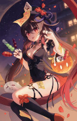 Rule 34 | 1girl, :3, :p, absurdres, alternate costume, architecture, black dress, black hat, black socks, boo tao (genshin impact), breasts, brown hair, china dress, chinese clothes, claw pose, cleavage, commentary request, dress, east asian architecture, flower, flower-shaped pupils, foot out of frame, genshin impact, ghost, gradient hair, hair between eyes, halloween, halloween bucket, hands up, hat, hat flower, highres, holding, holding skewer, hu tao (genshin impact), kneehighs, long hair, looking at viewer, medium breasts, multicolored hair, neck tassel, night, night sky, ofuda, petals, pistachiocream, porkpie hat, red bracelet, red eyes, red hair, side slit, sitting, skewer, sky, sleeveless, sleeveless dress, socks, solo, symbol-shaped pupils, tongue, tongue out, very long hair