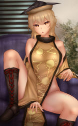 Rule 34 | 1girl, blonde hair, boots, breasts, constellation, covering privates, covering crotch, detached sleeves, eyebrows, hat, highres, large breasts, long hair, looking at viewer, matara okina, naked tabard, open mouth, pointy hat, shounen (hogehoge), sitting, solo, spread legs, tabard, thighs, touhou