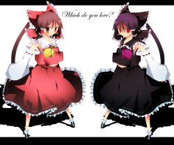 Rule 34 | 1girl, alternate color, bad id, bad pixiv id, detached sleeves, dual persona, english text, female focus, foreshortening, hakurei reimu, immaterial and missing power, japanese clothes, letterboxed, miko, multiple views, navel, palette swap, pasutel, shadow, standing, symmetry, touhou, white background