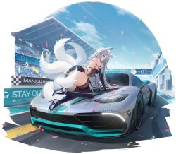 Rule 34 | 1girl, absurdres, all fours, animal ear fluff, animal ears, artist request, ass, azur lane, backless leotard, blue eyes, boots, breasts, car, crowd, day, formula one, fox ears, high heels, highres, huge ass, kitsune, large breasts, leotard, long hair, looking at viewer, looking back, meme, mercedes-amg one, motor vehicle, multiple tails, non-web source, official art, on vehicle, outdoors, pleated skirt, race queen, shinano (azur lane), shinano (moonlit chrome) (azur lane), skirt, solo focus, sports car, tail, thigh boots, thighhighs, thong leotard, transparent background, vehicle focus, white footwear, white hair