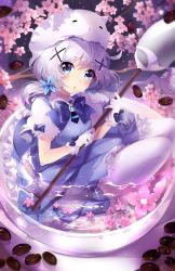 Rule 34 | 1girl, :o, angora rabbit, animal, animal on head, blue bow, blue dress, blue eyes, blush, bow, branch, brooch, cherry blossoms, coffee beans, cup, dress, eyebrows, flat chest, flower, frilled dress, frills, gloves, gochuumon wa usagi desu ka?, hair ornament, hairclip, highres, holding, holding spoon, in container, in cup, jewelry, kafuu chino, knees up, light particles, long hair, looking at viewer, low twintails, magical girl, mini person, minigirl, on head, oversized object, partially submerged, pink flower, plate, rabbit, rabbit house uniform, rabbit on head, saucer, shade, silver hair, sitting, sparkle, spoon, squchan, thighhighs, tippy (gochiusa), tippy (gochuumon wa usagi desuka?), transparent, twintails, water, white gloves, white thighhighs, x hair ornament