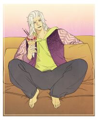 Rule 34 | 1boy, 5altybitter5, absurdres, alternate costume, barefoot, contemporary, couch, crepe, emet-selch, final fantasy, final fantasy xiv, food, grey hair, grey pants, highres, holding, hood, hoodie, ice cream crepe, jacket, male focus, medium hair, open clothes, open jacket, open mouth, pants, pillow, raglan sleeves, sitting, solo, yellow eyes, yellow hoodie
