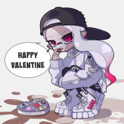 Rule 34 | 1girl, backwards hat, baseball cap, black hat, black pants, box, box of chocolates, commentary, cross-laced footwear, ear piercing, earrings, eating, eyelashes, food, full body, gradient hair, grey hair, happy valentine, hat, heart-shaped box, highres, holding, holding food, inkling, inkling girl, inkling player character, jacket, jewelry, long hair, looking at viewer, mugi com2, multicolored hair, nintendo, open mouth, pants, piercing, pointy ears, red eyes, red hair, shoes, simple background, sleeves past wrists, solo, speech bubble, splatoon (series), squatting, teeth, tentacle hair, thick eyebrows, two-tone hair, valentine, white background, white footwear, white jacket