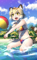 Rule 34 | 1girl, :d, animal ear fluff, animal ears, ball, bare arms, bare shoulders, beach, beach volleyball, beachball, bikini, blonde hair, blue sky, breasts, checkered bikini, checkered clothes, cloud, commentary request, day, extra ears, fang, feet out of frame, gradient hair, highres, jaguar (kemono friends), jaguar ears, jaguar tail, kemono friends, medium breasts, multicolored bikini, multicolored clothes, multicolored hair, navel, open mouth, outdoors, short hair, signature, sky, smile, solo, swimsuit, tail, volleyball, wading, water, welt (kinsei koutenkyoku), white hair, yellow eyes