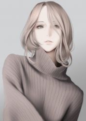 Rule 34 | 1girl, brown hair, brown sweater, erise, eyelashes, grey background, grey eyes, hair over one eye, highres, long hair, looking at viewer, original, parted lips, simple background, solo, sweater, turtleneck, turtleneck sweater, upper body
