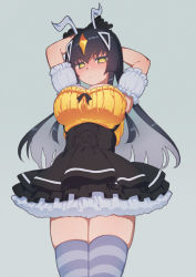 Rule 34 | 1girl, arms up, black gloves, blush, breasts, detached sleeves, dress, frilled dress, frills, gloves, grey background, hair between eyes, hair ornament, headpiece, highres, himokawa udon, horns, long hair, looking at viewer, multicolored hair, simple background, skindentation, solo, striped clothes, striped thighhighs, thighhighs, ultra kaijuu gijinka keikaku, ultra series, very long hair, yellow eyes, zetton