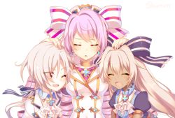 Rule 34 | 3girls, bow, closed eyes, copyright request, drill hair, hand on another&#039;s head, holding another&#039;s head, long hair, long sleeves, multiple girls, one eye closed, open mouth, pink hair, purple bow, rento (rukeai), short hair, short sleeves, smile, striped, striped bow, white bow, white cat project