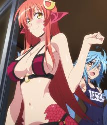 Rule 34 | 10s, 2girls, bare shoulders, blue hair, blush, breasts, harpy, highres, lamia, large breasts, miia (monster musume), monster girl, monster musume no iru nichijou, multiple girls, navel, open mouth, papi (monster musume), red hair, school swimsuit, screencap, sideboob, simple background, smile, standing, stitched, swimsuit, third-party edit, yellow eyes