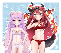 Rule 34 | 2girls, absurdres, animal ears, belly, blue eyes, blush, blush stickers, bow, bow panties, breasts, commission, cow ears, cow girl, cow horns, dragon ears, dragon girl, dragon horns, dragon tail, fire, flame-tipped tail, flat chest, goggles, goggles on head, highres, horns, knee up, knees up, long hair, looking at viewer, multiple girls, muu muyu, navel, panties, phase connect, pink eyes, purple hair, red hair, red panties, ribbon, saya sairroxs, simple background, small breasts, smile, striped clothes, striped panties, tail, thighs, underwear, underwear only, very long hair, virtual youtuber