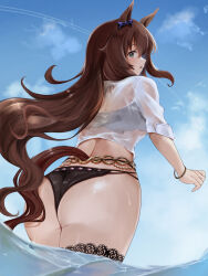 Rule 34 | 1girl, animal ears, ass, bikini, black bikini, blue eyes, blue sky, bow, bracelet, brown hair, commentary request, cowboy shot, ear bow, from behind, highres, horse ears, horse girl, horse tail, jewelry, long hair, looking at viewer, looking back, maruzensky (blasting off summer night) (umamusume), maruzensky (umamusume), ocean, official alternate costume, official alternate hairstyle, outdoors, parted lips, partially submerged, purple bow, see-through, shirt, sky, solo, swimsuit, tail, thigh strap, umainu 2002, umamusume, very long hair, water, wet, white shirt