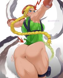 Rule 34 | 1girl, ass, blonde hair, blue eyes, blush, cammy white, clothes, embarrassed, female focus, hat, highres, looking back, muscular, muscular female, ponytail, solo, street fighter, torn clothes, void000018, wardrobe malfunction