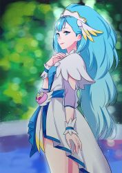 Rule 34 | 1girl, blue eyes, blue hair, blurry, blurry background, brooch, closed mouth, cure ange, earrings, heart, hugtto! precure, jewelry, long hair, magical girl, negom, ponytail, precure, smile, solo, standing, tiara, wrist cuffs, yakushiji saaya
