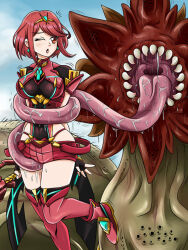 Rule 34 | blush, constriction, helpless, krlitosss, licking, molestation, monster, open mouth, paid reward available, peril, pyra (xenoblade), red hair, short hair, teeth, tongue, vore, wince, worm, xenoblade chronicles (series), xenoblade chronicles 2, you gonna get eaten