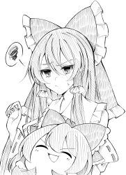 Rule 34 | 2girls, :/, annoyed, bow, closed mouth, commentary request, detached sleeves, dual persona, frilled bow, frills, hair bow, hair tubes, hakurei reimu, highres, long hair, mikan 763, monochrome, multiple girls, open mouth, raised eyebrows, simple background, sketch, smile, spoken squiggle, squiggle, sweatdrop, touhou, upper body, white background, wide sleeves, yukkuri shiteitte ne