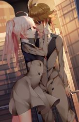 Rule 34 | 10s, 1boy, 1girl, ahoge, arm at side, bad anatomy, bleeding, blood, blue eyes, brown hair, brown skirt, building, darling in the franxx, eye contact, hands on another&#039;s cheeks, hands on another&#039;s face, hetero, highres, indoors, looking at another, miku (darling in the franxx), military, military uniform, nami qi, pink hair, railing, skirt, standing, twintails, uniform, zorome (darling in the franxx)