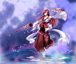Rule 34 | 1girl, bow, breasts, cleavage, detached sleeves, earrings, erza scarlet, fairy tail, hand fan, folding fan, hair over one eye, japanese clothes, jewelry, large breasts, long hair, miko, petals, red hair, rokugatsu no usagi, solo, umbrella, water