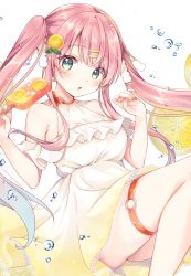 Rule 34 | 1girl, :o, bare arms, bare shoulders, blush, breasts, cleavage, dress, fingernails, food, food-themed hair ornament, fruit hair ornament, gomano rio, gradient dress, gradient hair, green eyes, hair ornament, hairclip, highres, long hair, looking at viewer, medium breasts, multicolored hair, nipple piercing, open mouth, orange hair ornament, original, piercing, pink hair, popsicle, see-through, see-through dress, solo, thigh strap, twintails, underbust, w arms, white dress, yellow dress