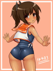 Rule 34 | 10s, 1girl, bad id, bad pixiv id, blush, brown eyes, brown hair, character name, dark skin, dark-skinned female, from behind, haniwagi (hal), i-401 (kancolle), kantai collection, looking at viewer, looking back, one-piece swimsuit, ponytail, school swimsuit, short hair, simple background, solo, swimsuit