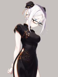 Rule 34 | 1girl, asutora, asutora-chan, bare arms, black-framed eyewear, black dress, blue eyes, blush, breasts, china dress, chinese clothes, closed mouth, commentary request, double bun, dress, glasses, grey background, hair bun, highres, medium breasts, original, short hair, short sleeves, simple background, solo, thighs, white hair